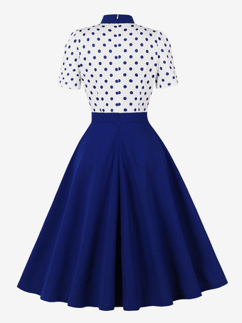 ドット柄パッチワーク 蝶ネクタイネック 半袖 レトロ スウィングドレス レディース 2026