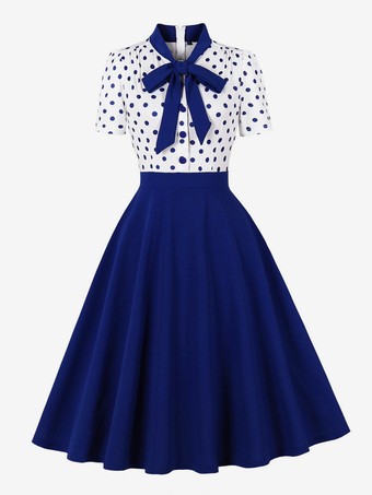 ドット柄パッチワーク 蝶ネクタイネック 半袖 レトロ スウィングドレス レディース 2026