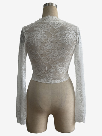 深めのVネック、スカラップ模様、花柄レース、シアー素材のクロップトップ（レディース）2026年モデル