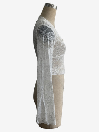 深めのVネック、スカラップ模様、花柄レース、シアー素材のクロップトップ（レディース）2026年モデル