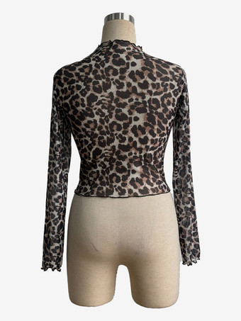 ヒョウ柄モックネック レタストリム メッシュ スリムフィット スキニートップス レディース 2026