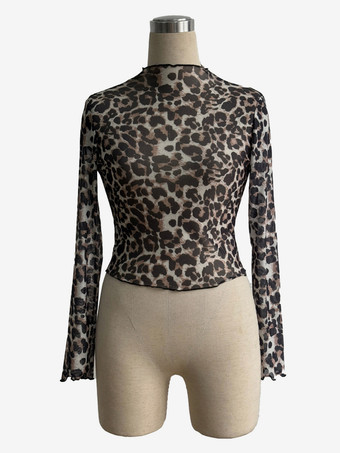 ヒョウ柄モックネック レタストリム メッシュ スリムフィット スキニートップス レディース 2026