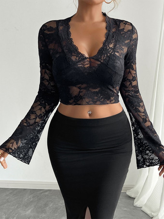 深めのVネック、スカラップ模様、花柄レース、シアー素材のクロップトップ（レディース）2026年モデル