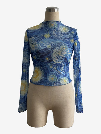 星空のアートプリント モックネック レタストリム メッシュ スリムトップス レディース 2026