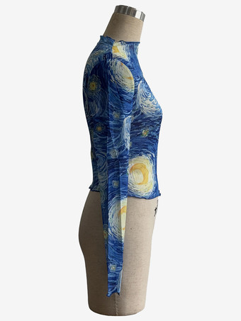 星空のアートプリント モックネック レタストリム メッシュ スリムトップス レディース 2026