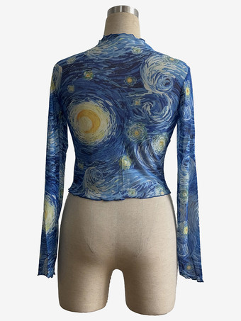 星空のアートプリント モックネック レタストリム メッシュ スリムトップス レディース 2026