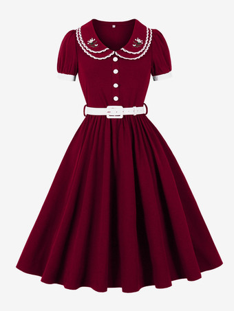 ダブルレイヤー ピーターパンカラー 刺繍 パフスリーブ スウィングドレス レディース 2026