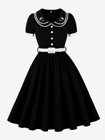 ダブルレイヤー ピーターパンカラー 刺繍 パフスリーブ スウィングドレス レディース 2026