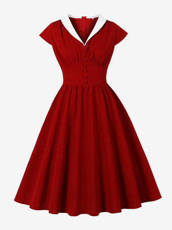 Vネック、コントラストラペル、ルーシュ、レトロAライン、スウィングドレス（レディース、2026年）