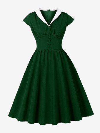 Vネック、コントラストラペル、ルーシュ、レトロAライン、スウィングドレス（レディース、2026年）