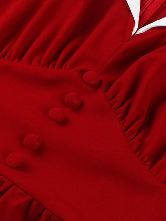 Vネック、コントラストラペル、ルーシュ、レトロAライン、スウィングドレス（レディース、2026年）