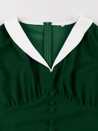 Vネック、コントラストラペル、ルーシュ、レトロAライン、スウィングドレス（レディース、2026年）