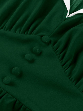 Vネック、コントラストラペル、ルーシュ、レトロAライン、スウィングドレス（レディース、2026年）