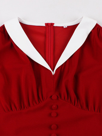 Vネック、コントラストラペル、ルーシュ、レトロAライン、スウィングドレス（レディース、2026年）