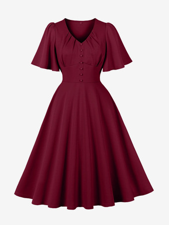 Vネック、ルーシュ、フロントボタン装飾、フラッタースリーブ、レトロスウィングドレス（レディース）2026