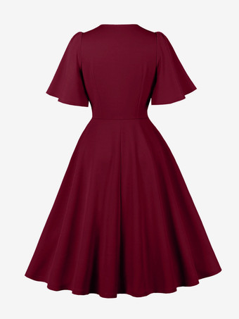 Vネック、ルーシュ、フロントボタン装飾、フラッタースリーブ、レトロスウィングドレス（レディース）2026