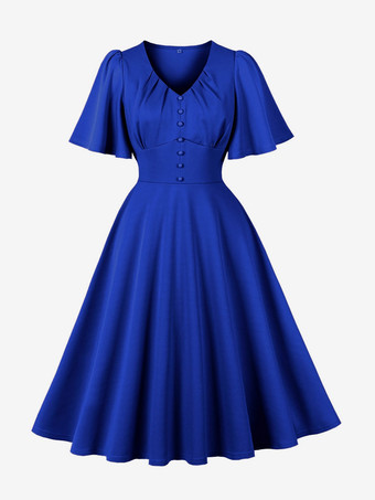 Vネック、ルーシュ、フロントボタン装飾、フラッタースリーブ、レトロスウィングドレス（レディース）2026