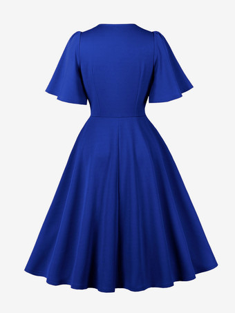 Vネック、ルーシュ、フロントボタン装飾、フラッタースリーブ、レトロスウィングドレス（レディース）2026