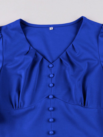 Vネック、ルーシュ、フロントボタン装飾、フラッタースリーブ、レトロスウィングドレス（レディース）2026