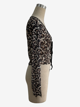 ヒョウ柄タイフロントメッシュカーディガン 長袖クロップトップ レディース 2026