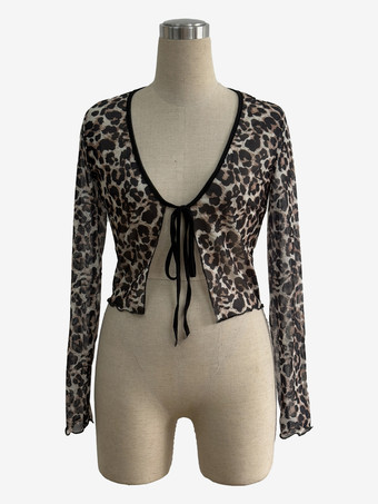 ヒョウ柄タイフロントメッシュカーディガン 長袖クロップトップ レディース 2026