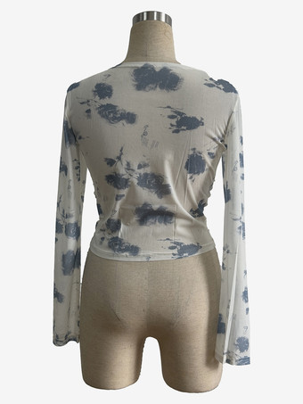 スモーキーフローラルプリント ルーシュサイド スリムフィット 長袖 スキニートップス レディース 2026