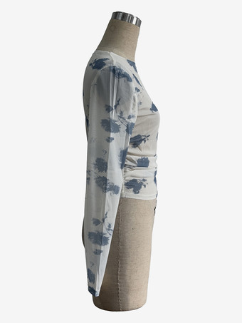 スモーキーフローラルプリント ルーシュサイド スリムフィット 長袖 スキニートップス レディース 2026