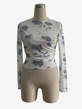 スモーキーフローラルプリント ルーシュサイド スリムフィット 長袖 スキニートップス レディース 2026