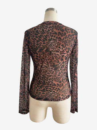 ヒョウ柄メッシュ スリムフィット 長袖 クルーネック トップス レディース 2026