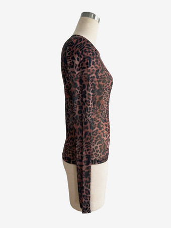 ヒョウ柄メッシュ スリムフィット 長袖 クルーネック トップス レディース 2026