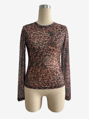 ヒョウ柄メッシュ スリムフィット 長袖 クルーネック トップス レディース 2026