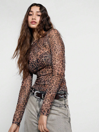 アンバーヒョウ柄メッシュ スリムフィット 長袖 クルーネック トップス レディース 2026