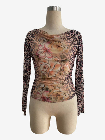 ヒョウ柄と花柄のカウルネックメッシュ長袖トップス（レディース）2026