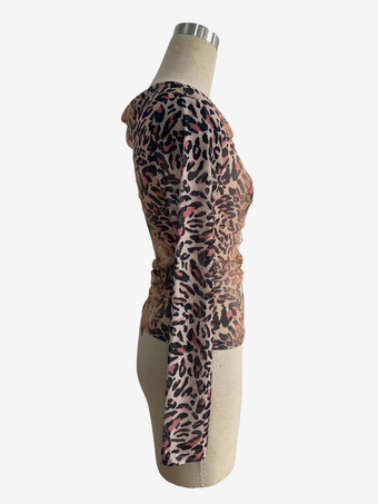 ヒョウ柄と花柄のカウルネックメッシュ長袖トップス（レディース）2026