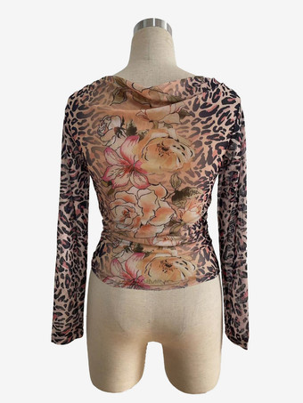 ヒョウ柄と花柄のカウルネックメッシュ長袖トップス（レディース）2026