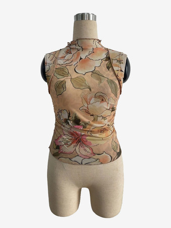 ヴィンテージフローラルプリント ルーシュ モックネック メッシュ ノースリーブ タンクトップ レディース 2026