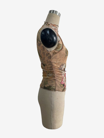 ヴィンテージフローラルプリント ルーシュ モックネック メッシュ ノースリーブ タンクトップ レディース 2026