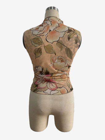 ヴィンテージフローラルプリント ルーシュ モックネック メッシュ ノースリーブ タンクトップ レディース 2026