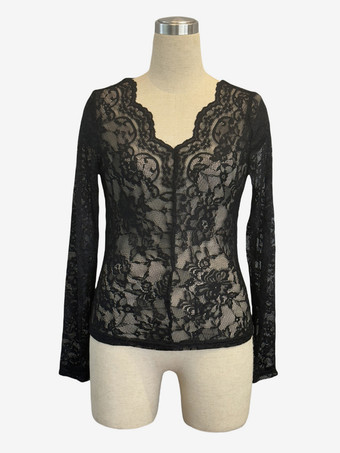 Vネック スカラップトリム フローラルレース 長袖 スリムフィット トップス レディース 2026