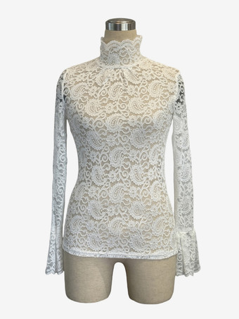 ハイネック ベルスリーブ スリムフィット ペイズリー レース トップス レディース 2026