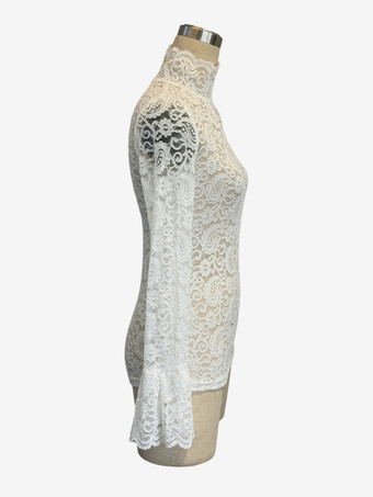 ハイネック ベルスリーブ スリムフィット ペイズリー レース トップス レディース 2026