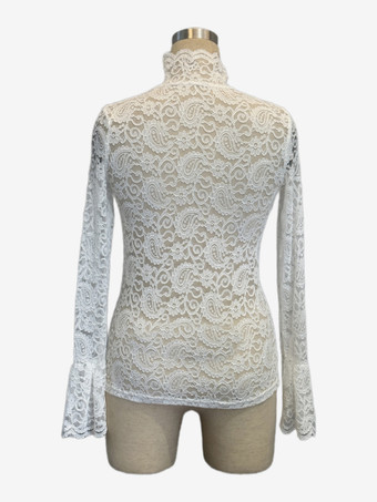 ハイネック ベルスリーブ スリムフィット ペイズリー レース トップス レディース 2026