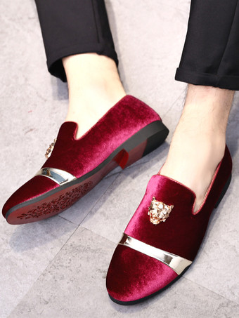 レッド スエード メンズ ローファー ラウンドトゥ デザイン フラット スリッポン プロムシューズ