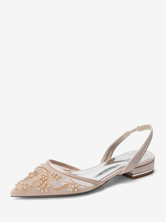 シャンパンカラーレースフラットウェディングシューズ ポインテッドトゥ スリッポン ブライダルシューズ