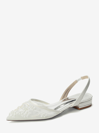 アイボリーレースフラットウェディングシューズ ポインテッドトゥ スリッポン ブライダルシューズ