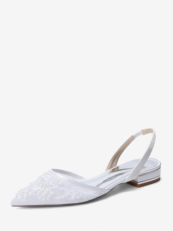 ホワイト レースフラットウェディングシューズ ポインテッドトゥ スリッポン ブライダルシューズ