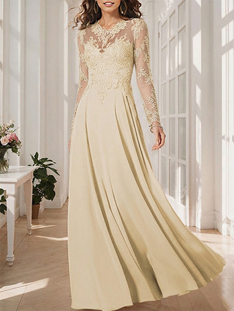 シャンパンブライダルマザードレス イリュージョンネックライン ロングスリーブ Aライン アップリケ ウェディングゲストドレス