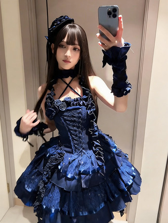 ブルーゴシックロリータドレスJSKフリルレースアップショートロリータドレス