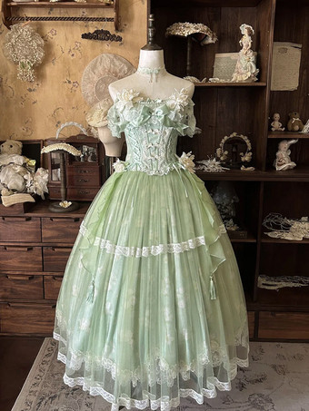 Robe de princesse Lolita féerique vert champêtre à volants et nœuds sans manches épaules dénudées style champêtre.