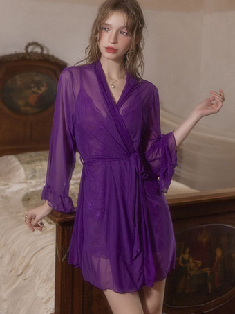 パープル パジャマ 寝巻き ローブ パープルサッシュ レイヤード 室内用ランジェリー シースルーシフォンローブ